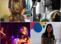 Square collage photo of four women. Top left image is of a blonde woman wearing an apron covered in paint, her hands are also covered in paint. Top right image is of a women singing into a microphone. Bottom left is of a woman smiling wearing a pink sparkly top and holding a microphone and the bottom right image is of a woman wearing a black and white stripey top standing in front of a table.