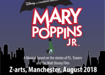 Promotional flyer for 'Mary Poppins Jr' by Manchester Musical Youth Junior. Text is white with a red outline. There is a black umbrella over the top of the text and the background is blue with a black skyline outline.