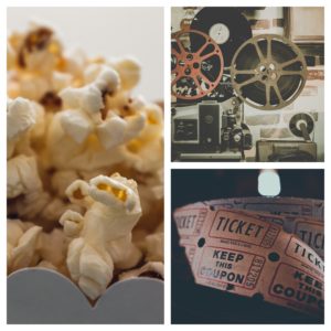 Promo image for Family Cinema Club. Collage image of popcorn, an old-style projector and old-fashioned paper tickets