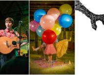 3 images side by side. First is a Photo of a young man with short brown hair wearing a red and white patterned shirt holding a puppet and a guitar. The second picture is of three people holding large red, yellow, green, pink and blue balloons, only their legs are visible. The third picture is of a man wearing dark trousers and a black and white stripy top pointing up at a large monster's claw on a white background.