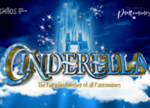 Promotional flyer for SMAOS's Cinderella. The text reads 'Cinderella, the fairy godmother of all pantomimes'. The background image is of clouds and a blue fairy-tale castle.