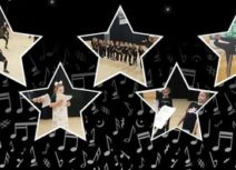 Star shaped images of children doing theatre activities on a black background with white musical notes.