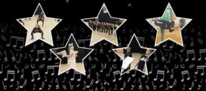 Star shaped images of children doing theatre activities on a black background with white musical notes.