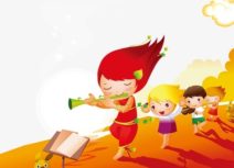 Cartoon image of children dancing behind a red haired woman playing a flute.
