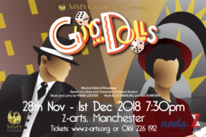 Promotional flyer for Guys and Dolls by Manchester Musical Youth. The flyer is an art deco style image of a man and a woman.