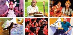Collage of production images from family theatre shows produced by Vital Spark