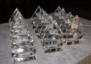 Photo of 15 North West Charity Award trophies lined up on a table with a grey velvet tablecloth