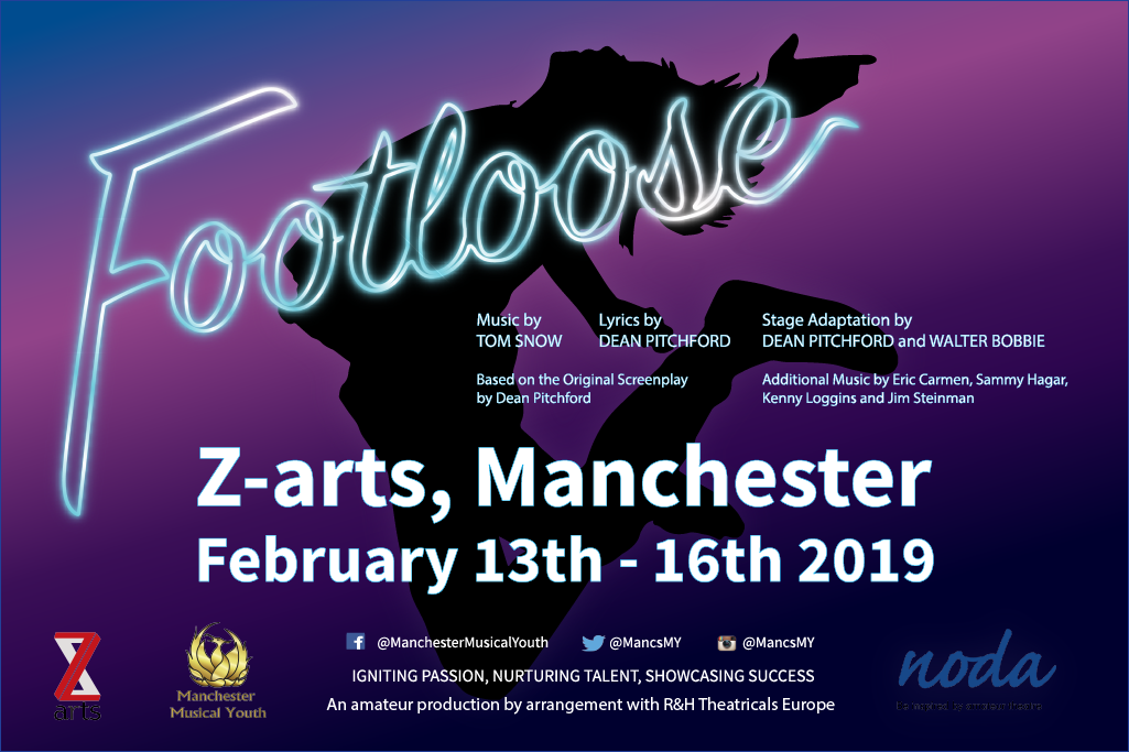 Footloose title with silhouette of a dancing person behind