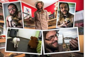 Montage of photos of man with long hair and a beard holding various animals including a ferret and a snake.