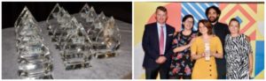 2 side by side images - 1 of picture of selection of North West Charity Award trophies. The second picture is of 3 women and 2 men smiling, a woman in yellow is standing at the front and holding a trophy.