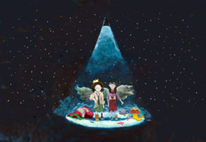 Promotional image for 'Muckers'. Cartoon image of two girls. The background is a black night's sky filled with stars and they are standing under a blue spotlight. They are both wearing mismatched clothing and there are piles of clothes to either side of them.