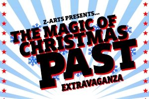 The Magic Of Christmas Past Extravaganza - black text on a blue and white striped background