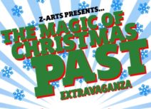 Magic of Christmas Past Extravaganza, green and red text on a blue stripey background with a border of holly leaves
