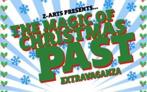 Magic of Christmas Past Extravaganza, green and red text on a blue stripey background with a border of holly leaves