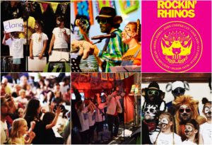 Collage photo of Rockin' Rhinos band performing live concerts