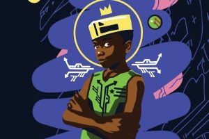 Cartoon picture of boy wearing a green tank top and a crown on a purple background