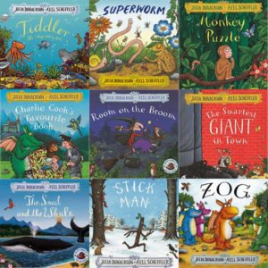 Collage of Julia Donaldson and Axel Scheffler book covers