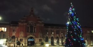 External picture of Z-arts with Christmas tree in the foreground