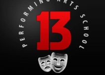 13 performing arts school logo. Large red number 13 with comedy and tragedy theatre masks below