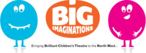 Orange oval Big Imaginations logo and Big Imaginations blue and pink mascots (round characters with faces and little arms and legs).