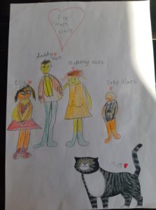 Child's drawing of their family with Mog the Cat