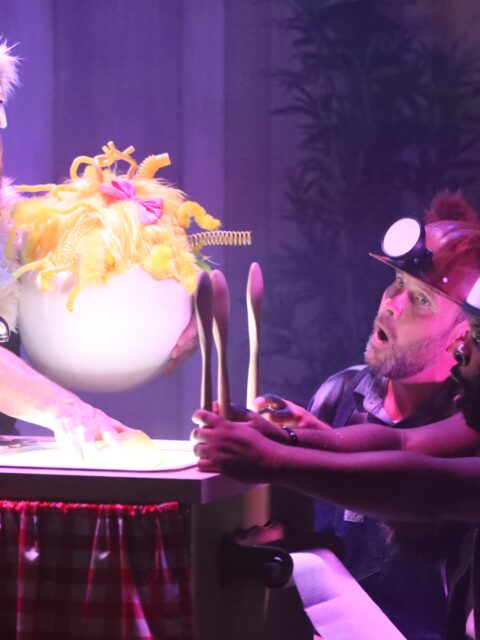 A stage scene from The Three Bears. Polar, a bear inspired by a polar bear, is wearing a blue ski suit, ski hat and goggles with white fur trim. He sits behind a kitchen sink holding a large round white half eggshell, inside the egg is ‘Goldie’ a mass of bright yellow feathers with a red bow. At the side of the sink are Panda, a bear inspired by a panda is wearing black and white clothes with a black fur trim and Grizzly, a bear inspired by a grizzly bear wears dungarees and a miner's hat with brown fur trim. They hold out wooden spoons pretending the spoons are people. The stage lighting is dark, red/purple coloured. Something mysterious appears to be happening.