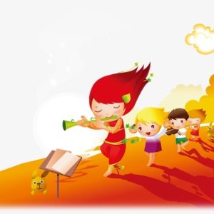 Cartoon image of children dancing behind a red haired woman playing a flute.