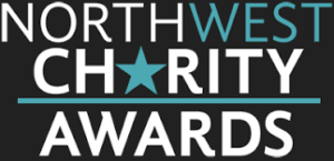 North West Charity Awards logo in turquoise and white font on a black background