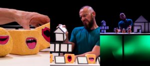 Collage of three production images from 'a square world'. 1st image, 1 spherical yellow sponge with a mouth shape and two yellow cube sponges with a mouth shape. Middle photo, man with blue tshirt and beard performing with the sponges. 3rd photo, zoomed out photo of the set showing that the performance is happening on a glowing green desk