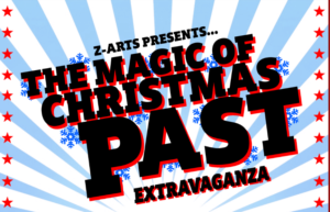 The Magic Of Christmas Past Extravaganza - black text on a blue and white striped background