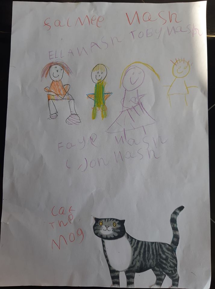 Child's drawing of their family with Mog the Cat