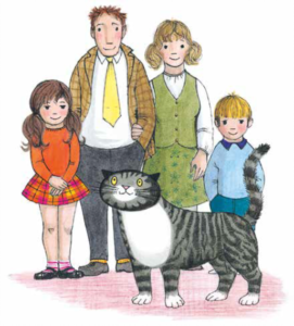 Colouring in ideas image. Illustration of Mog the cat with her family, a mum, a dad, a son and a daughter